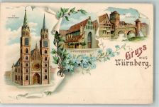 90402 W8500 Nürnberg Lithographie Lorenzkirche Gasthaus Bratwurstglöcklein Henkersteg