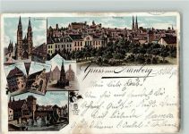 90402 W8500 Nürnberg 1896 Lithographie Lorenzkirche Dürerhaus Bratwurstglöcklein Henkersteg Schöner Brunnen