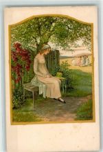 August Rökl Nr. 1406 Eine einsame junge Frau auf der Gartenbank Ebner, Pauli Künstlerkarte