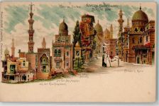 O1193 Treptow Gewerbe Ausstellung d. heilige Brunnen Kait Bey Moschee a.d. Kalifengräber Motiv Ägypten 1896 Lithographie