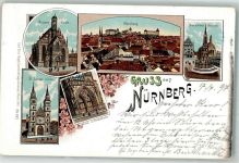 90402 W8500 Nürnberg 1897 Lithographie Portal d. Frauenkirche Lorenz Kirche Schöner Brunnen