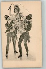 Männer im Frack + Zylinder Frau mit Strumpfband Peitsche Glamour (Erotik) 1900