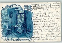 Junge Frau in der Stube unter großer Wanduhr bei der Handarbeit Jugendstil Nähen 1899 Lithographie / Künstlerkarte
