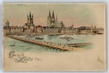 Köln , Mondschein Rheinschiff Lithographie