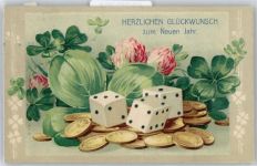 Würfel , Neujahr , Prägedruck Münze auf AK