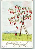 Geburtstag - Baum mit Herzen AK Marienkäfer 1937