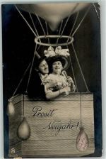 Neujahr Liebespaar im Korb , Sekt AK Glückwunsch Ballon Fotomontage AK