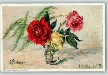 sign Pickardt - Blumenvase mit Rosen AK Öldruck Imitation Künstlerkarte
