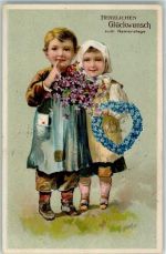 Kinder Veilchen Vergissmeinnichtkranz Brief Lithographie Namenstag 1906 Prägedruck