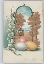 Bunte Eier und Kätzchenzweig, Bäume braun Relief Reliefdruck 1900 Prägedruck