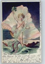 Engel kommt aus einer Muschel am Strand mit einem Glücksklee Metamorphose 1906 Lithographie