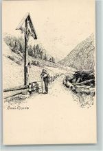 Wanderer am - Federzeichnung 1898 AK Flurkreuz / Marterl Künstlerkarte