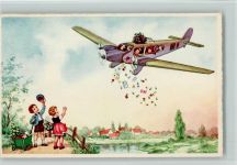 Kinder werfen Blumen ab - Geburtstag ca 1935 AK Glückwunsch Flugzeug