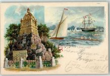 10115 O1180 Grünau 1900 Lithographie Sport-Denkmal Segel- und Ruderboote Segelschiff Ort lt. Verlag