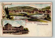 78194 W7717 Immendingen Lithographie Gruss aus - Bahnhof, Eisenbahnbrücke mit Eisenbahn