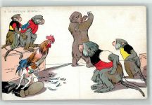 Der russische Bär überlegt ob er der Entente oder dem Zweibund beitritt Affe Hahn Hund Tiere vermenschlicht Militär Humor WK I Künstlerkarte