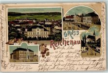 Reichenau i. Sachsen Bogatynia 1900 Lithographie Kirchenschule mit Umgebung Phönix Ev. Kirche Königl. Amtsgericht Gebrauchsspuren