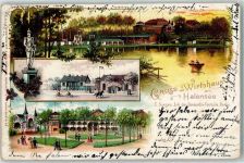 10115 W1000 Halensee 1900 Lithographie Gasthaus am Halensee Gartenwirtschaft C. Saeger Denkmal Park