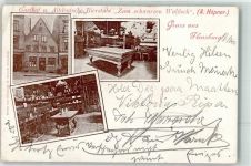 24937 W2390 Flensburg 1903 Gebrauchsspuren Gasthaus Bierstube zum schwarzen Wallfisch Gaststube Billardtisch