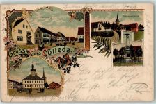 99625 O5234 Kölleda 1904 Lithographie Rathaus Marktplatz Johanniskirche Kriegerdenkmal