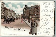 1050 Wien 5. Bezirk, Margareten 1898 Lithographie Straßenbahn Litfaßsäule