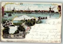 24399 W2341 Arnis 1905 Gebrauchsspuren Hafen Möve Windmühle Dorfstraße Lithographie