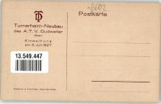 66111 W6600 Dudweiler , Saar Künstlerkarte Turnerheim-Neubau des A.T.v. Einweihung 3.7.1927