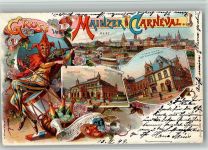 W6500 Mainz a Rhein Lithographie Gruss vom Mainzer Carneval Eulenspiegel mit Geige Narrhalla-Marsch Trommel Stadthalle Der neue Casino Hof Karneval 1899 BOAKC