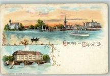 10115 O1199 Köpenick Gebrauchsspuren Gruss Kirche Brücke Ruderboot Schiff Fabrik Lithographie
