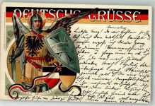 Deutsche Grüsse + Sankt Michael Engel Wappenschilder Zweibund Deutschland-Österreich 1898 Lithographie / Künstlerkarte
