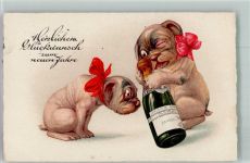 Werbung Henkel Neujahr Hunde vermenschlicht Sekt 1933 Künstlerkarte