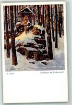 Cerchov Schwarzkopf sign. Michl Bildstock im Winterwald Flurkreuz / Marterl Künstlerkarte