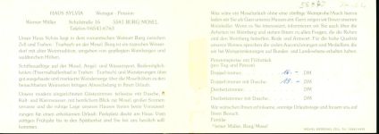 56843 W5581 Burg Mosel KEINE AK Haus Sylvia (Weingut-Pension), mit kurzer Angebotsbeschreibung, 2-fach Klappkarte, leichte Gebrauchsspuren auf Innenseite