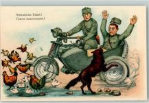 Motorrad mit Beiwagen Hühner sign. Künstlerkarte Militär Humor WK I Gebrauchsspuren