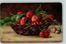Stilleben Erdbeeren Früchte AK Billing, M. Gebrauchsspuren