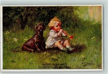 Baby mit einer Tröte und Hund AK Gute Erhaltung Fialkowska, W. Künstlerkarte