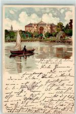 W7500 Karlsruhe , Baden Festhalle mit Ruderboot auf dem Stadtgartensee Verlag J. Velten Bahnpost Frankfurt - Basel Mutter, K. 1900 Künstlerkarte