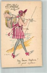 Frau mit einer Elfe im Angelkorb sign. C. Santini Aquarelles feminines Nr. 3,033 1. April Künstlerkarte