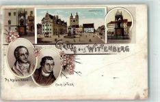 06886 O4600 Lutherstadt Wittenberg Gebrauchsspuren Marktplatz Luther-Denkmal Portrait Ph. Melanchton und Martin Luther Melachton-Denkmal Lithographie