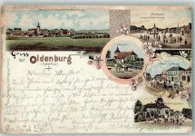 23758 W2440 Oldenburg in Holstein Gebrauchsspuren Marktplatz mit Kaiser Wilhelm-Denkmal Kirche Hotel Stadt Hamburg Dolgenthor Lithographie