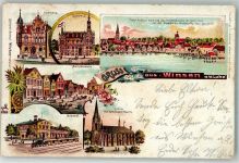 21423 W2090 Winsen Luhe 1902 Gebrauchsspuren Lithographie Bahnhof Marktstraße Apotheke Rathaus