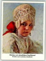 sign. K. Zebedew altrussischer Kopfschmuck Velhagen & Klasing Trachten Russland 1928 Künstlerkarte