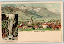82467 W8100 Partenkirchen Lithographie / Künstlerkarte Alpenkette Partennachklamm sign. H. Deuchert