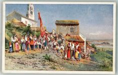 Corfu Kerkyra Lithographie / Künstlerkarte TrachtKirche Ort lt. Verlag