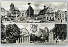 17489 O2200 Greifswald , Hansestadt - Rathaus Kirche Auto Platz Laterne Theater
