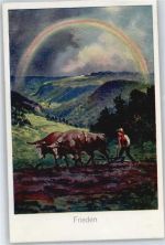 Ochsenpflug , Regenbogen Tiergespann Künstlerkarte