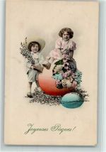 Im großen Osterei sind Blumen, Kinder mit Kätzchenzweige - Ostern, Joyeuses Paques Flieder 1913