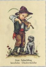 Geburtstag - Kind mit einer Geige und einem Hund Hilde (Künstler) Künstlerkarte