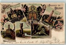 90000 Belfort 1901 Gebrauchsspuren La Statue Quand-Meme Porte de Brisach Monument des mobiles Tour de la Miotte Löwendenkmal Lithographie