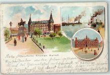 Malmö 1899 Gebrauchsspuren Hotel Kramer Radhuset Hafen Dampfer Lithographie